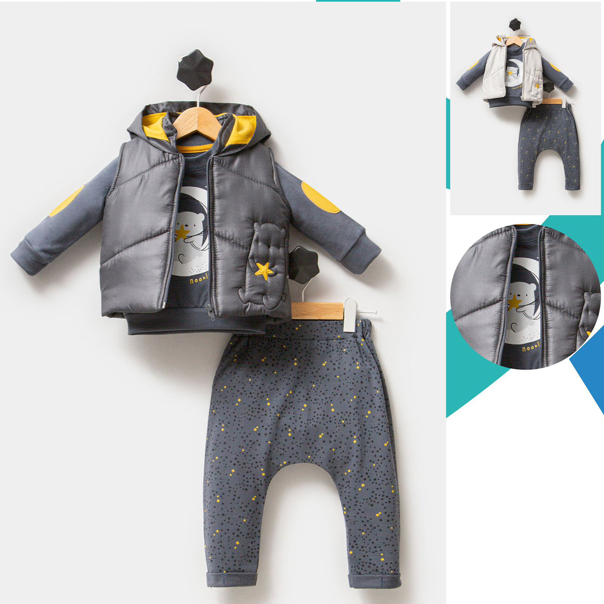 Children's winter outfit with gray puffer jacket, pants, and shirt on a white background