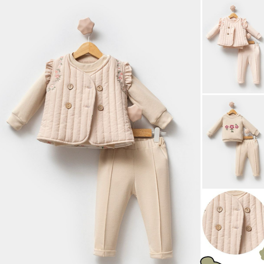 3-Piece Quilted Vest Baby Girl Set with Floral Embroidery