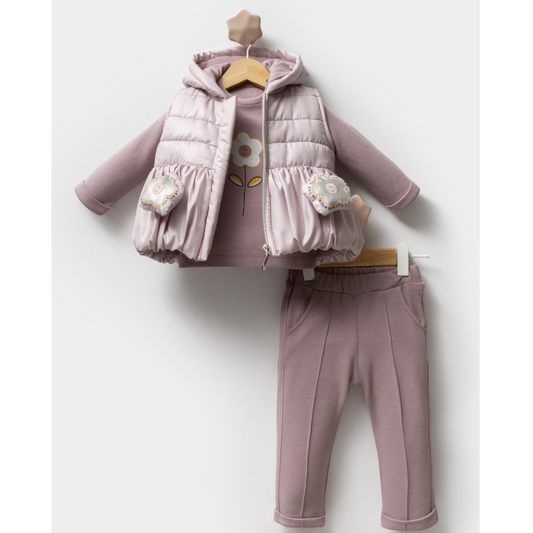 3-Piece Baby Girl Padded Vest Set with Flower Detail