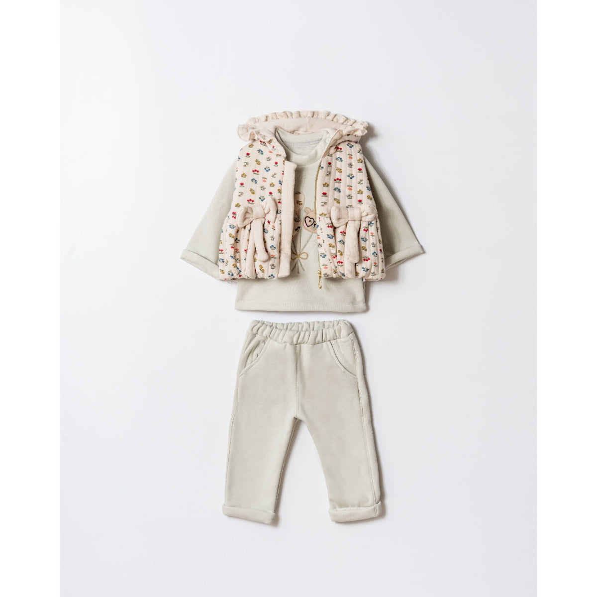 SAGE-Baby Flower Pattern Vest Set | Top, Padded Vest & Pants (3-Piece)