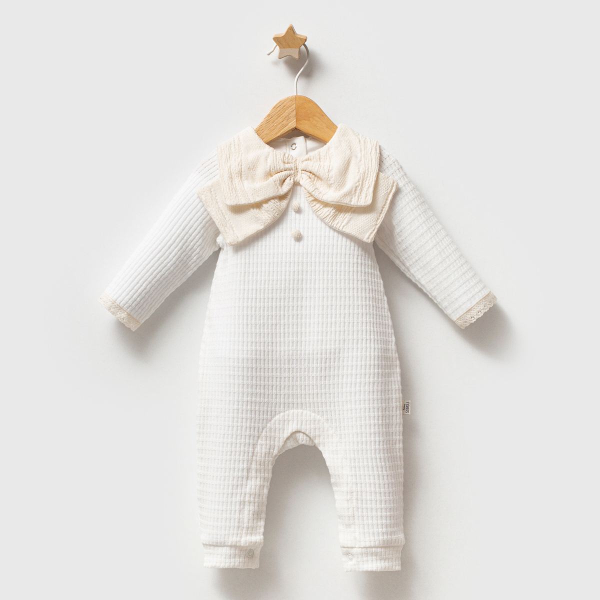Baby Girl Textured Cotton Romper with Oversized Bow Collar
