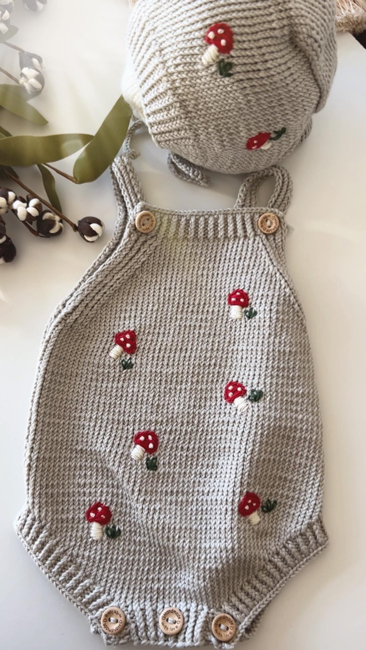 Handknit Mushroom Baby Romper, Mushroom Blanket