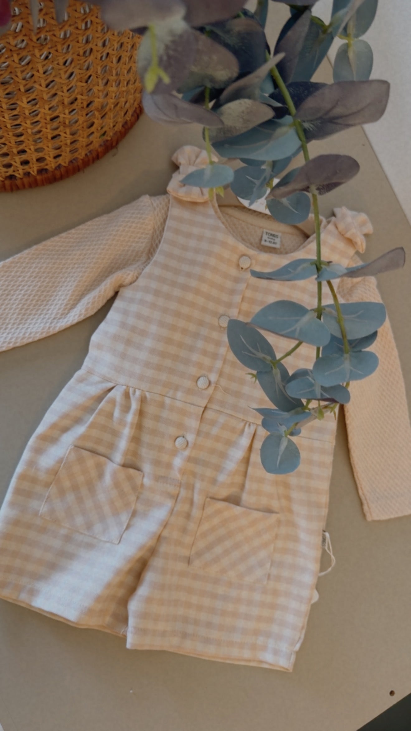 Baby Gingham Romper | Long Sleeve Neutral One-Piece