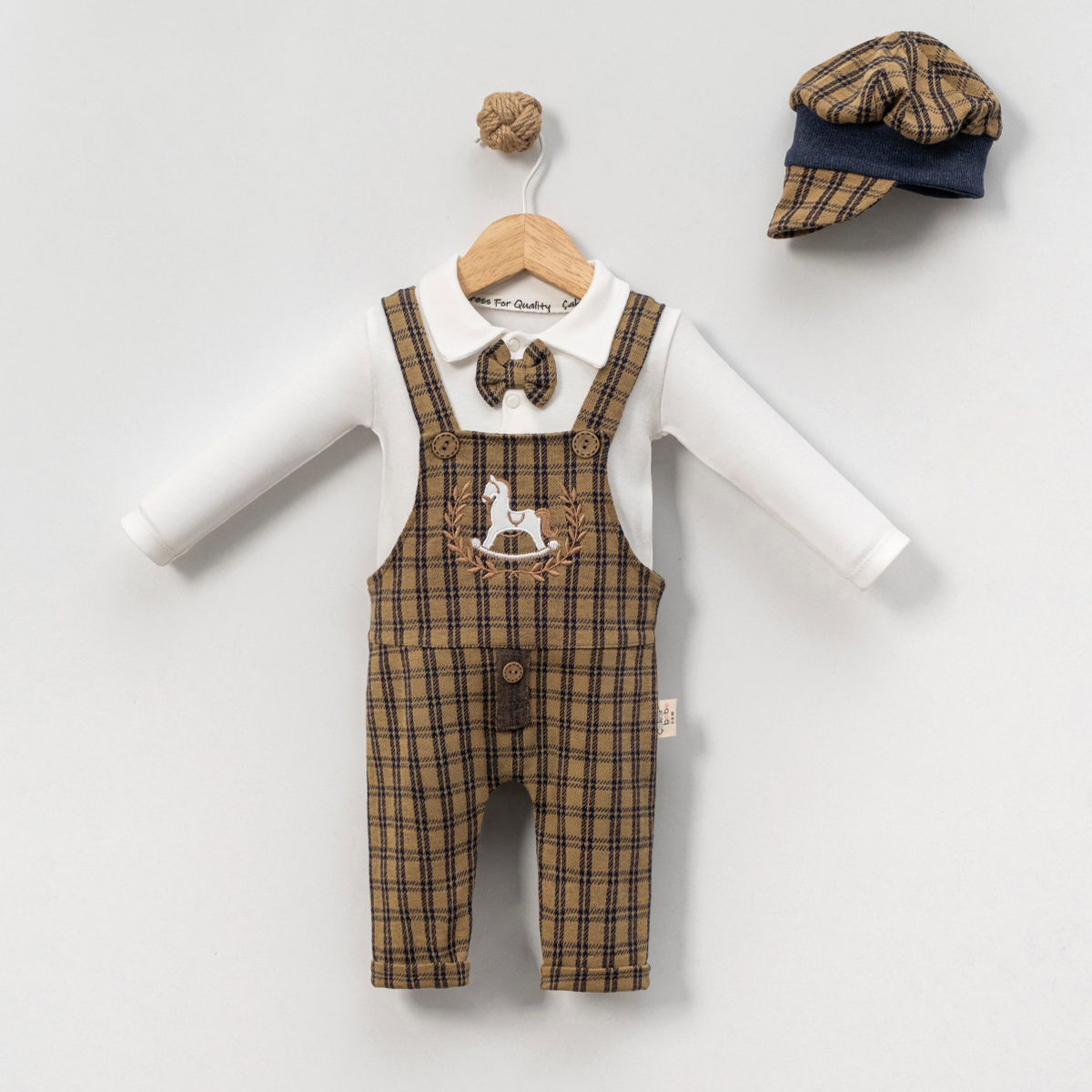 Baby Plaid Dungaree Set | Long Sleeve Shirt, Bow Tie & Hat