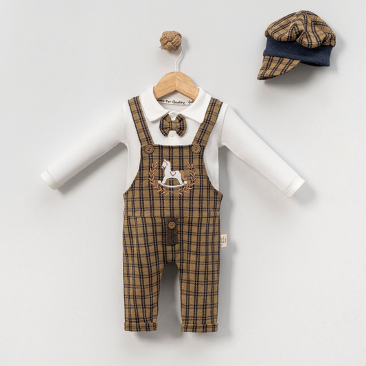 Baby Plaid Dungaree Set | Long Sleeve Shirt, Bow Tie & Hat