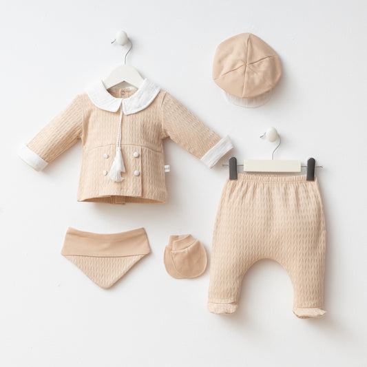 0-3M Heirloom Textured Newborn Outfit Set – 5-Piece Neutral Baby Layette