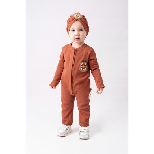 Baby Textured Romper Set | Granny Square Patch One-Piece with Headwrap