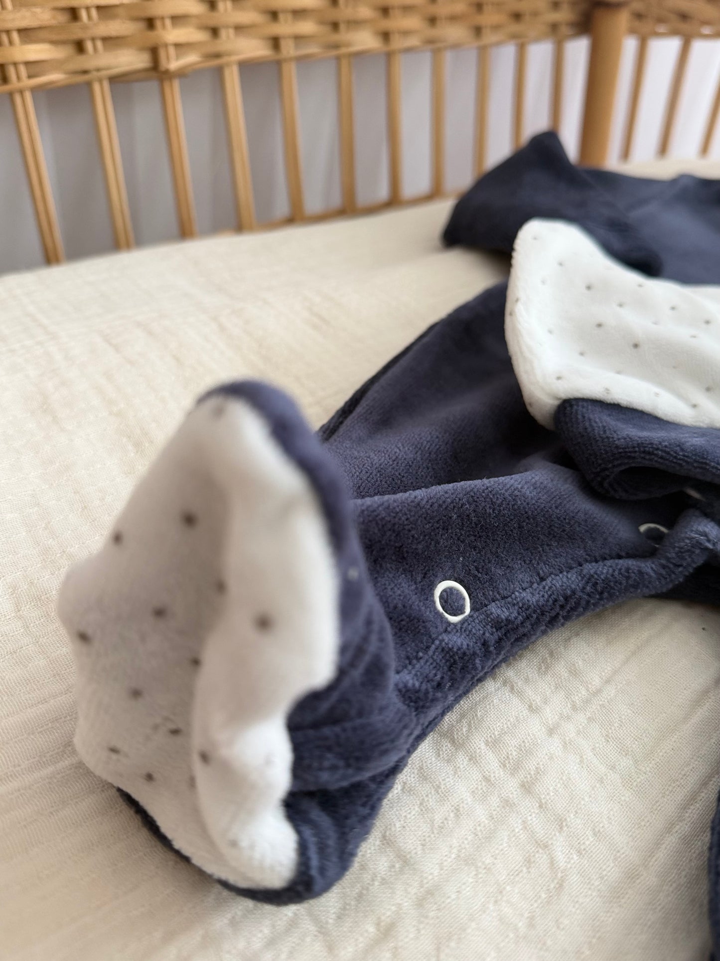 Navy Velour Baby Romper with Rocking Horse Embroidery