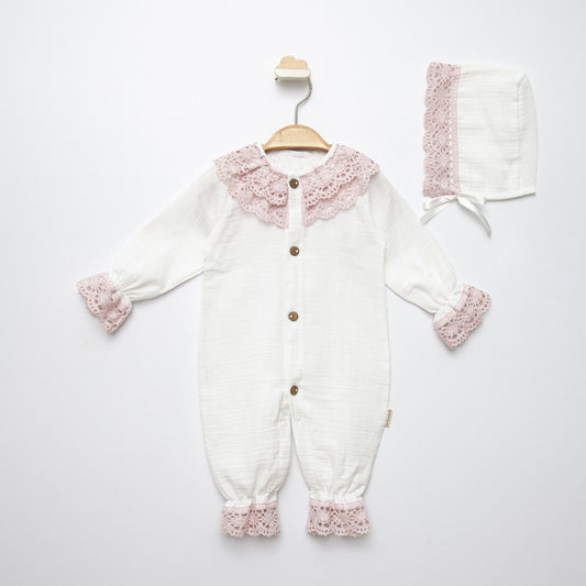 Muslin Baby Romper & Bonnet Set with Lace Details