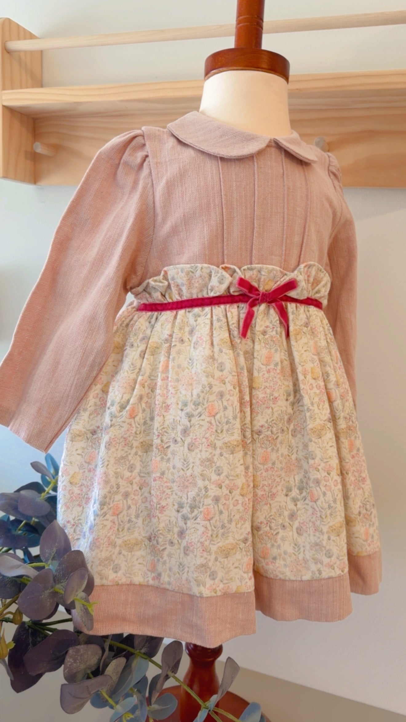 Baby Girl Long-Sleeve Floral Dress – Dusty Rose