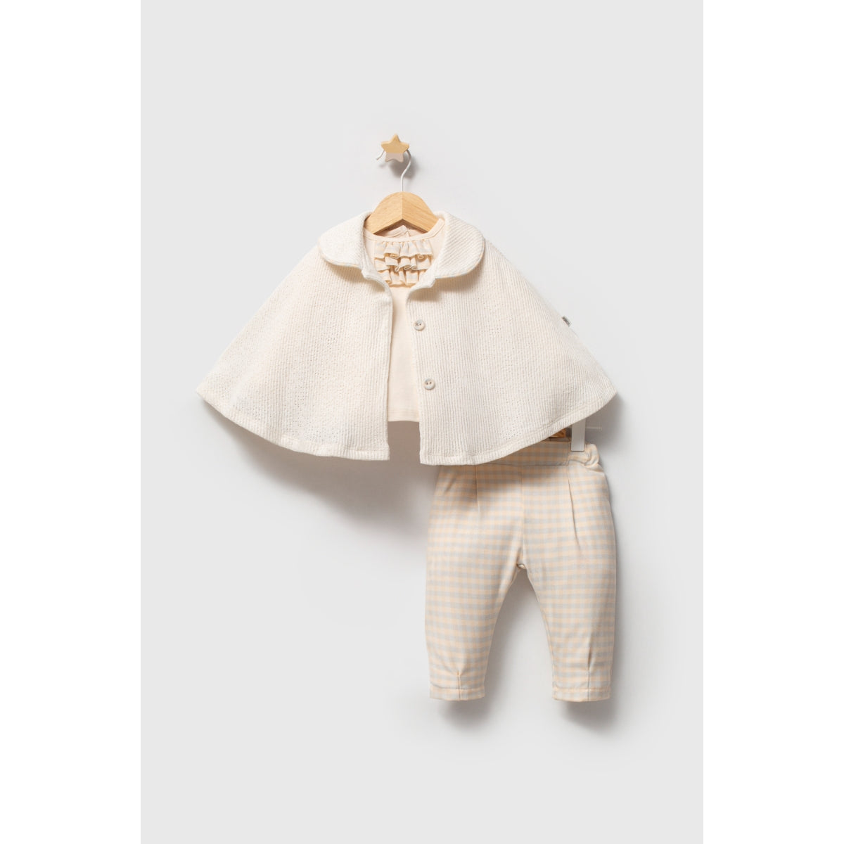 Baby Gingham 3-Piece Set | Ruffle Long Sleeve Top, Cape & Pants