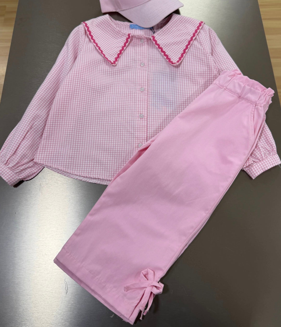 Pink Gingham Collar Top & Pants Set for Girls | Two Piece Classic Outfit