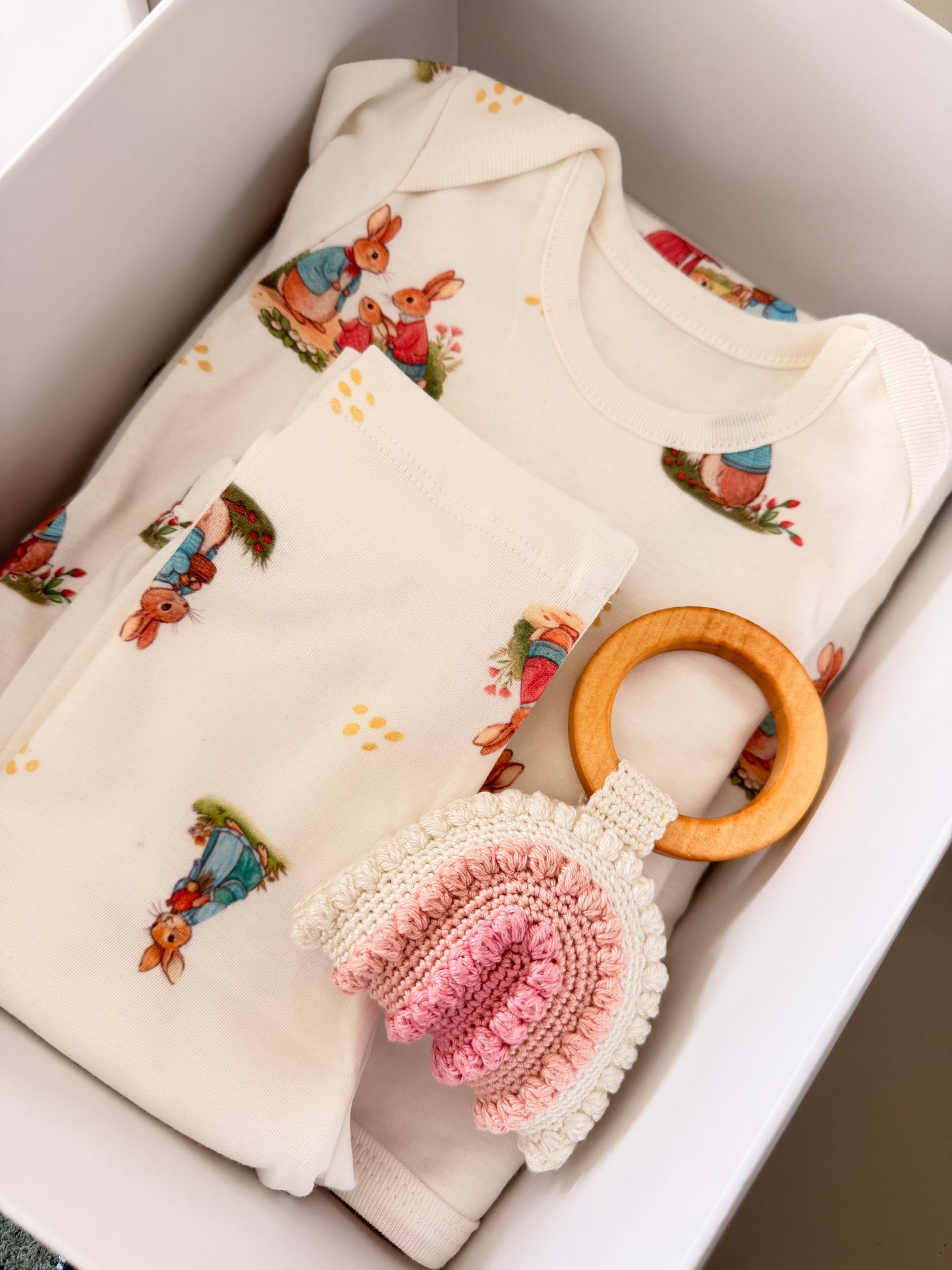 Heirloom Bunny Baby Gift Set | Blanket, 2-Piece Outfit & Handmade Rattle