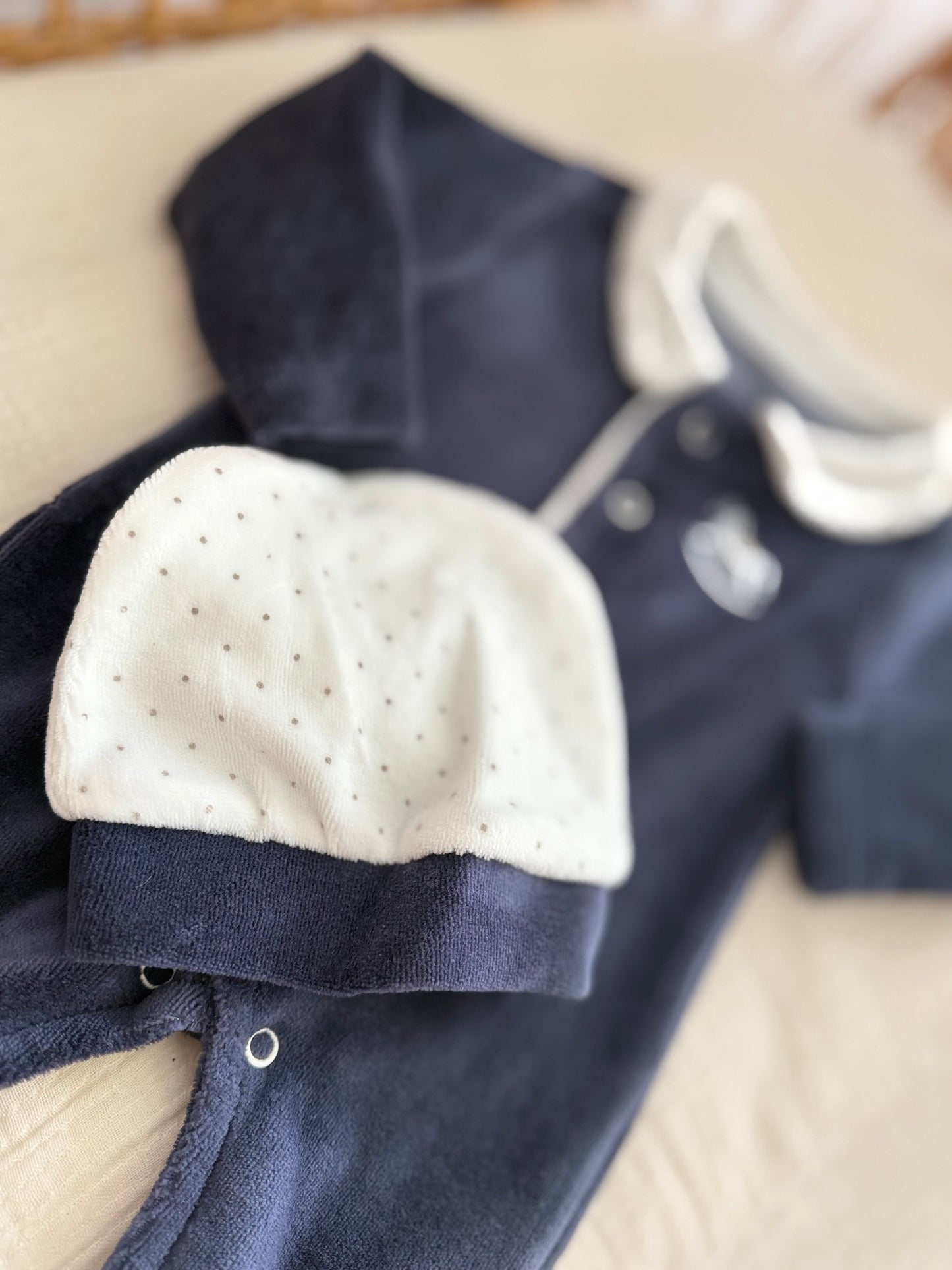 Navy Velour Baby Romper with Rocking Horse Embroidery
