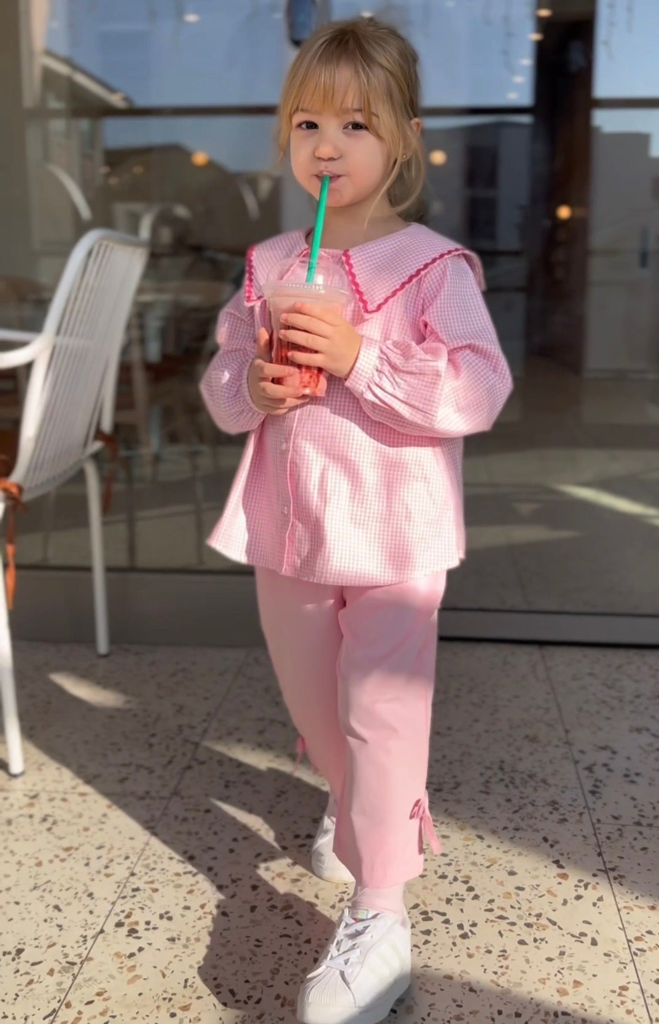 Pink Gingham Collar Top & Pants Set for Girls | Two Piece Classic Outfit