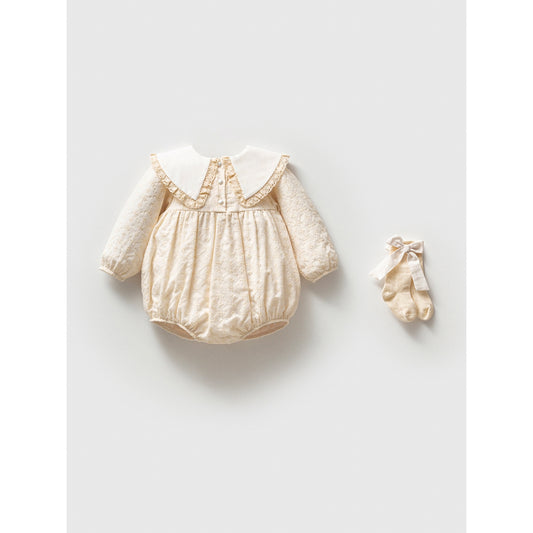Elegant baby romper with lace collar and matching socks