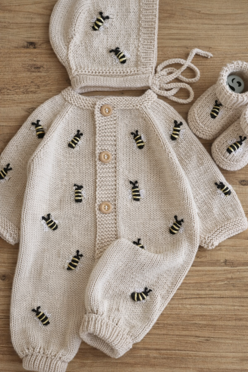 Hand Knitted and Embroidered 3 Pc Heirloom Set- 0/6 M