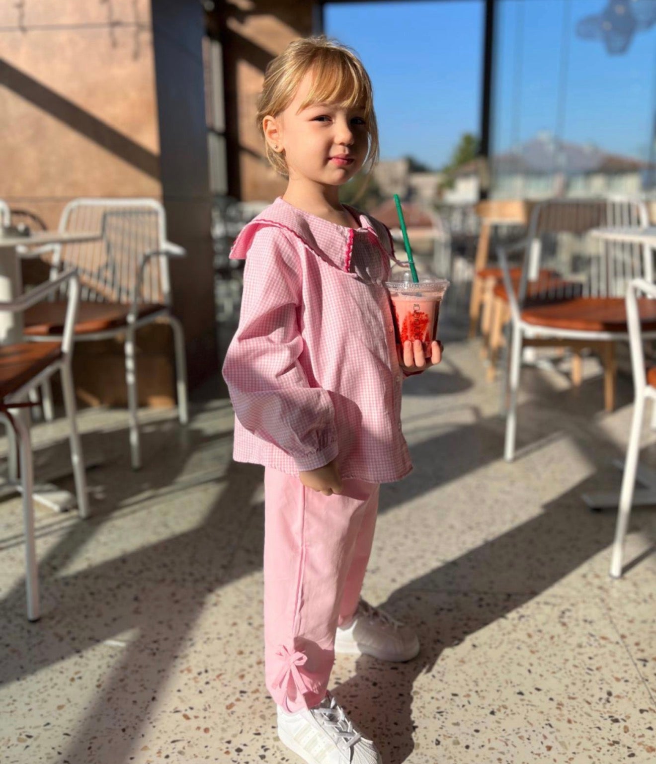 Pink Gingham Collar Top & Pants Set for Girls | Two Piece Classic Outfit