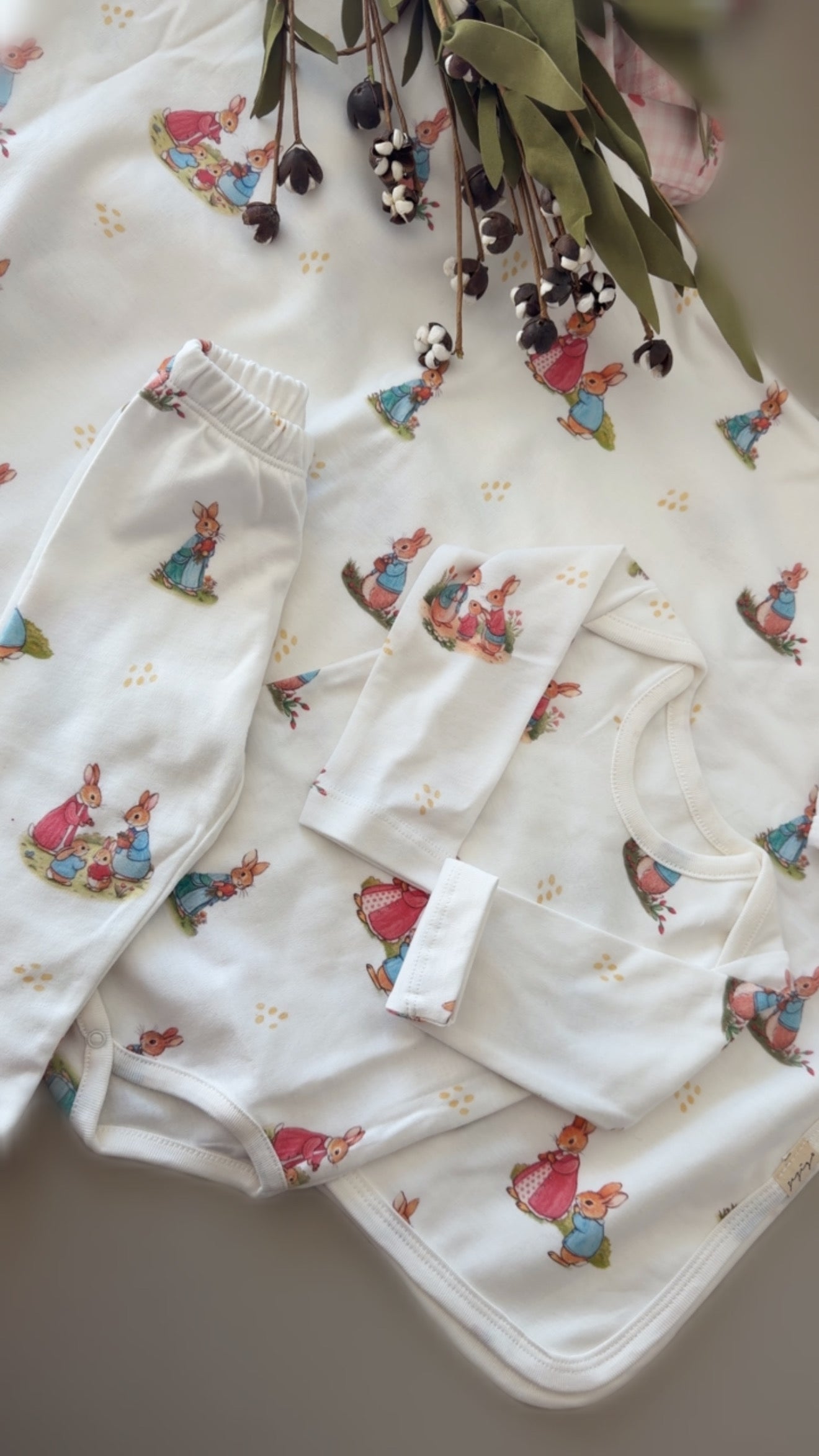 Heirloom Bunny Baby Gift Set | Blanket, 2-Piece Outfit & Handmade Rattle