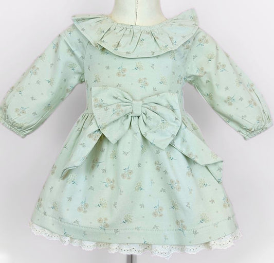 Baby Girl Floral Dress – Mint Green with Bow Detail