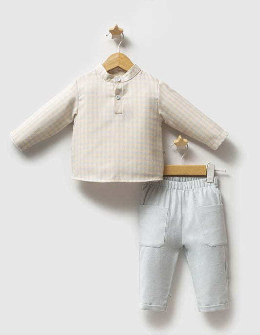 Baby Boy 2-Piece Gingham Set – Beige & Sky Blue