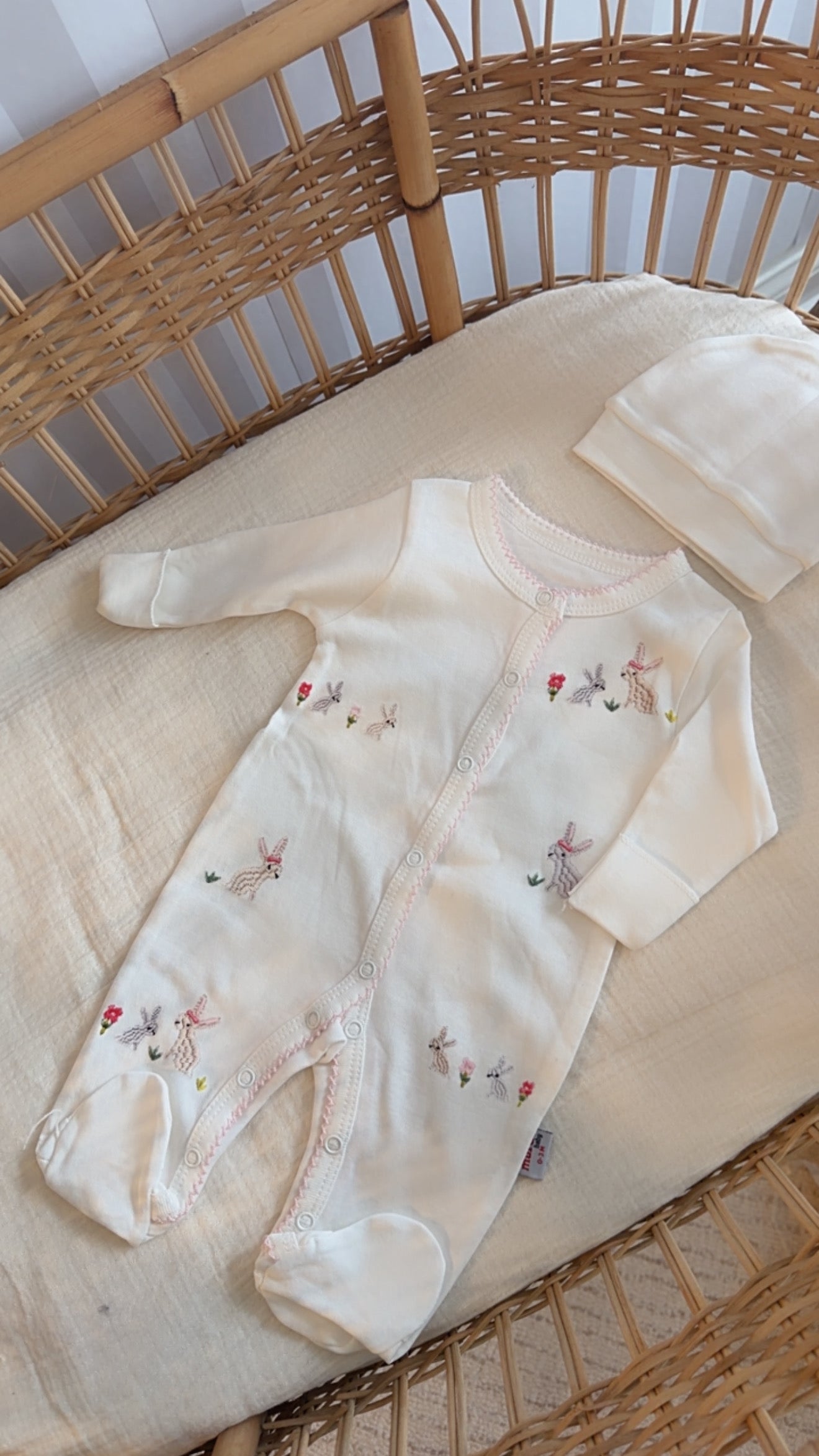 Bunny Print Footed Baby Sleeper (Embroidered-Look)
