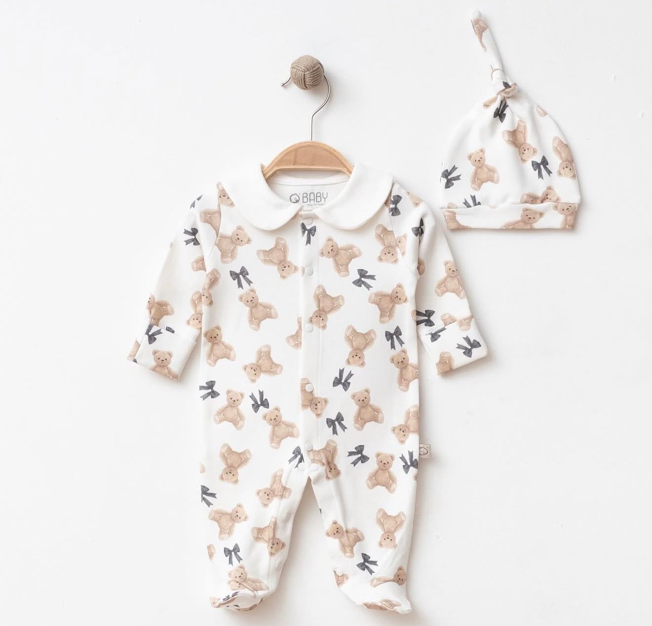 Classic Teddy Bear Baby Footed Romper & Hat Set – Heirloom Collection