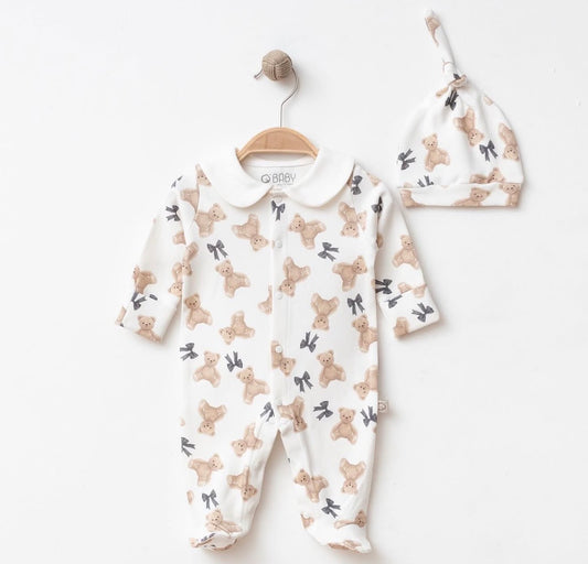 Classic Teddy Bear Baby Footed Romper & Hat Set – Heirloom Collection