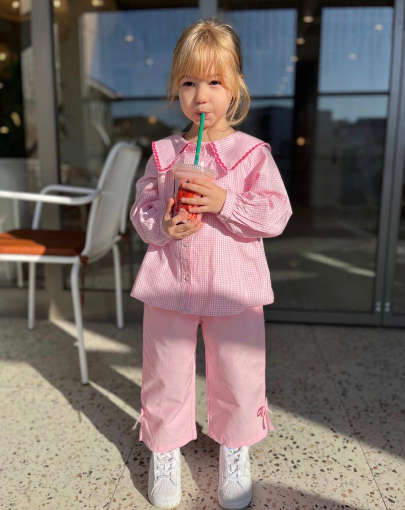 Pink Gingham Collar Top & Pants Set for Girls | Two Piece Classic Outfit