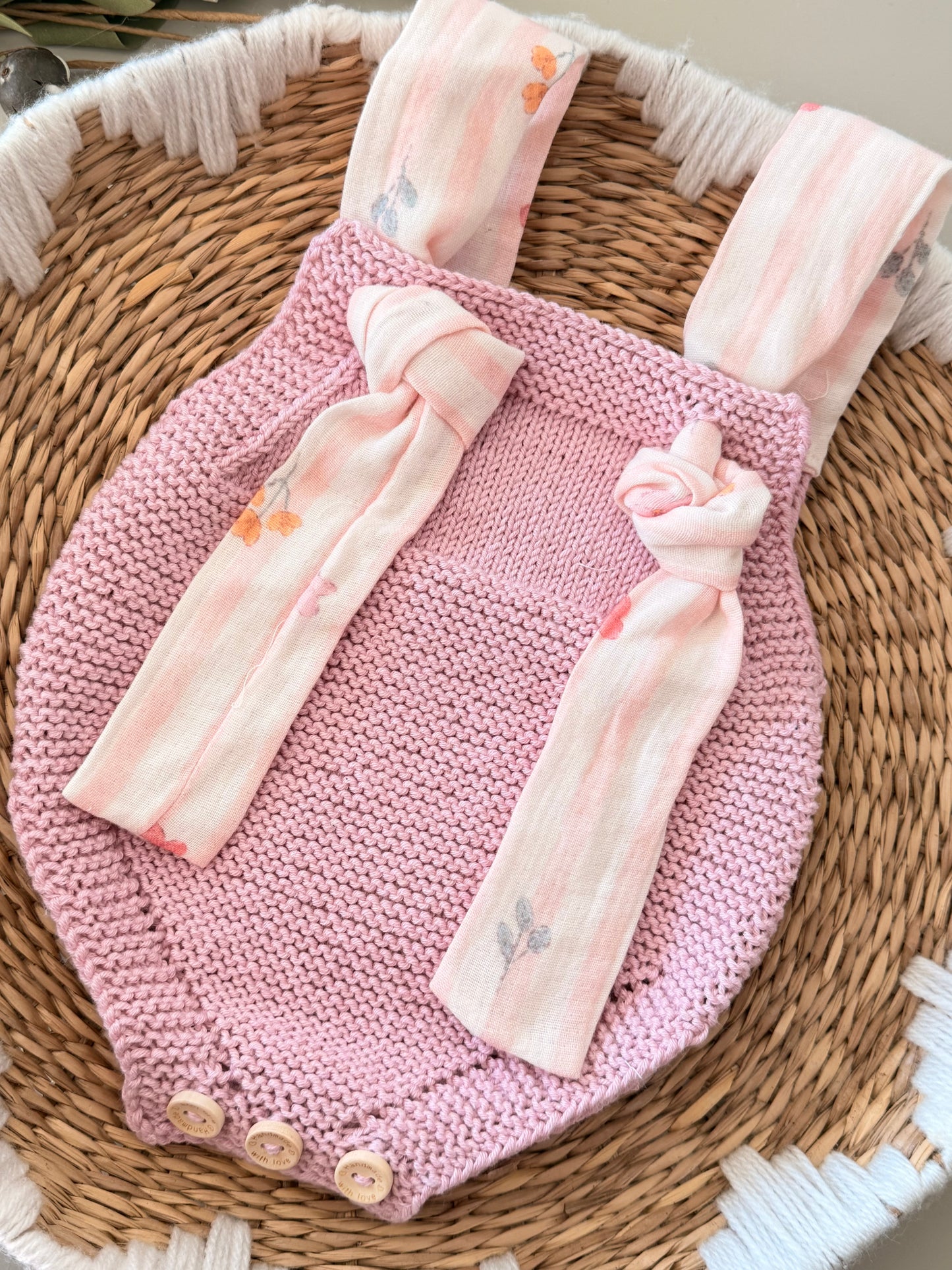 Hand-Knit Baby Romper with Muslin Tie Straps