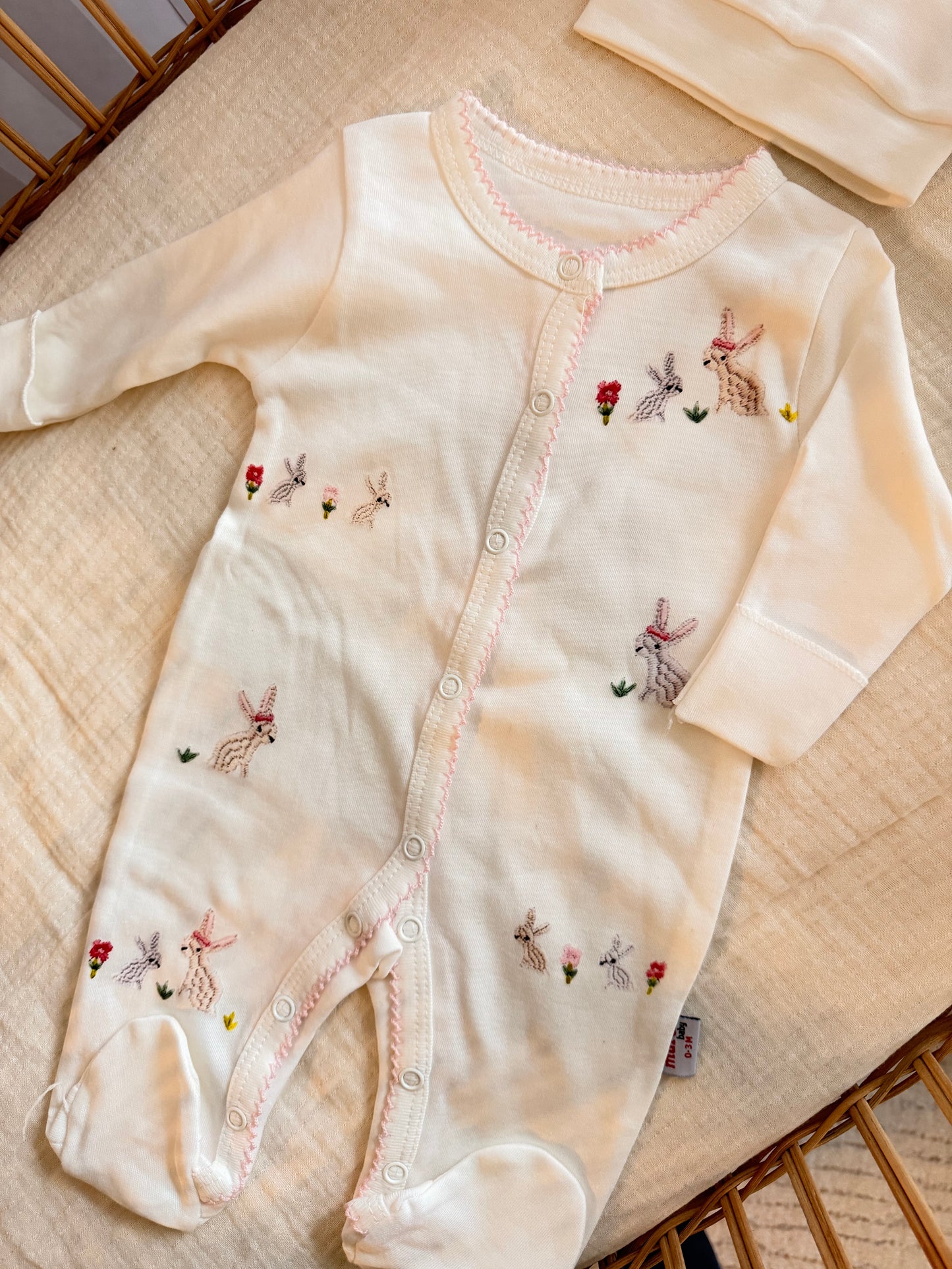 Bunny Print Footed Baby Sleeper (Embroidered-Look)
