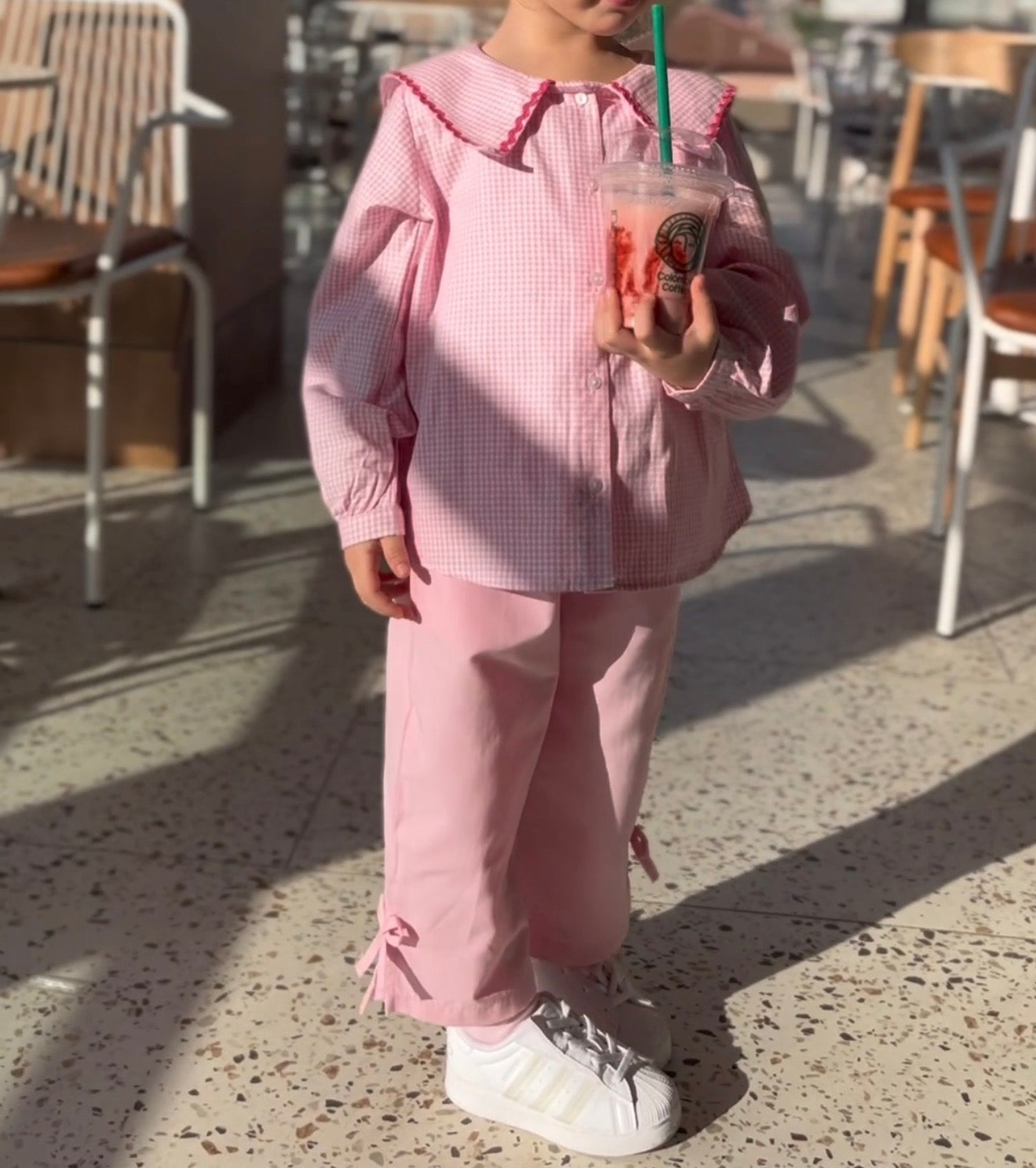 Pink Gingham Collar Top & Pants Set for Girls | Two Piece Classic Outfit