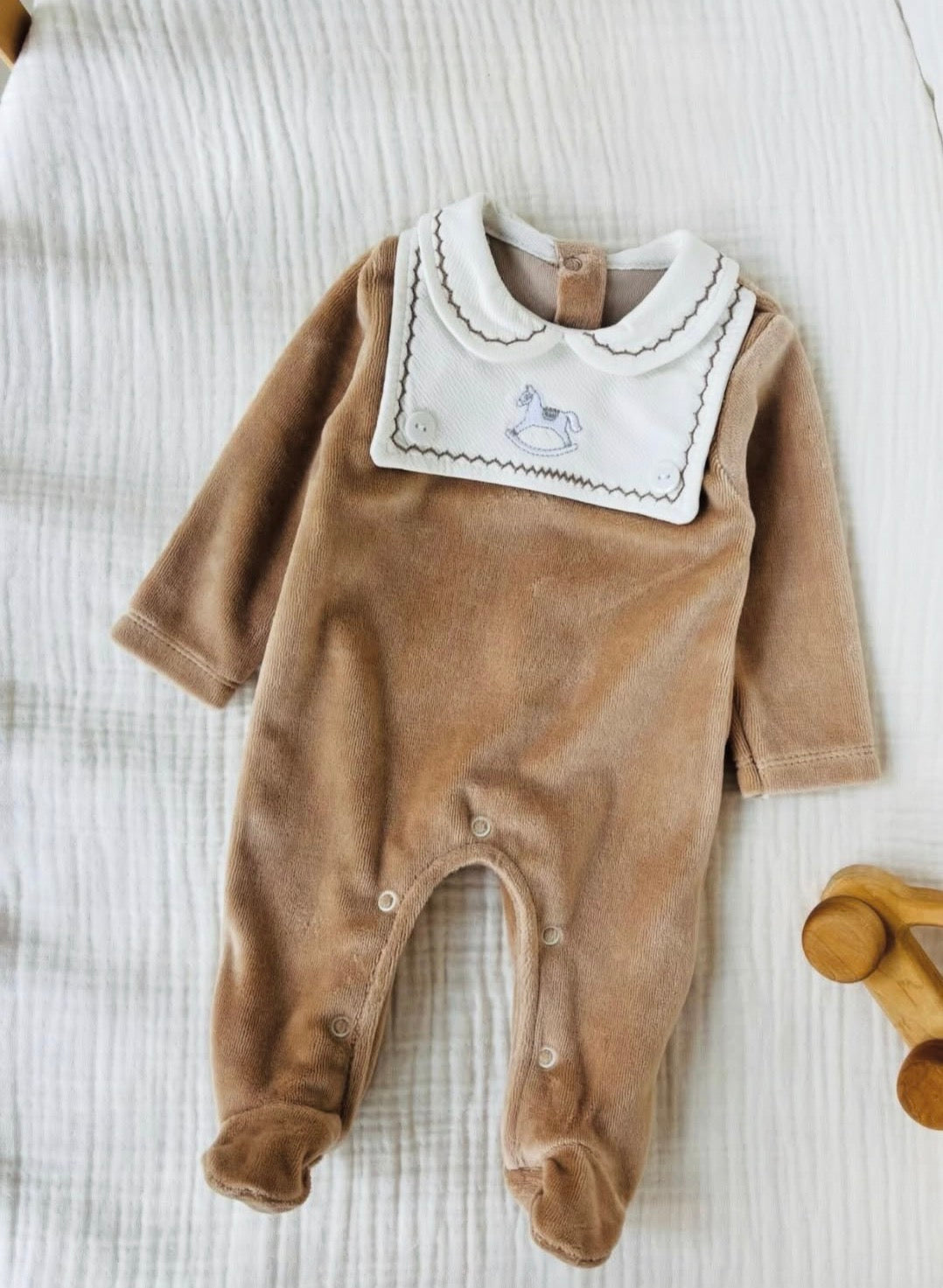 Heirloom Velour Baby Footed Romper with Embroidered Collar