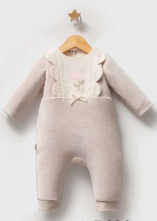 Baby Girl Embroidered Romper – Cream Beige