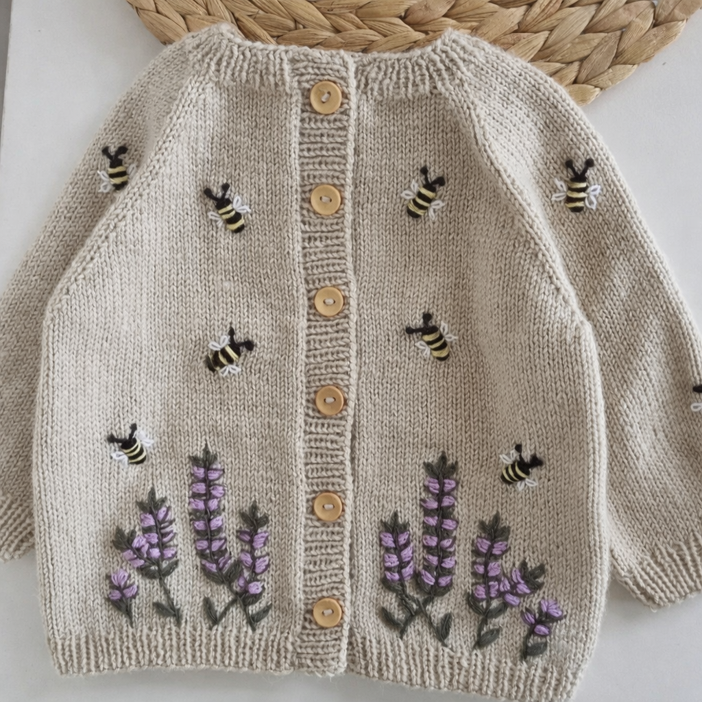 Hand Knitted and Embroidered Cardigan with Lavendar Garden and Bee
