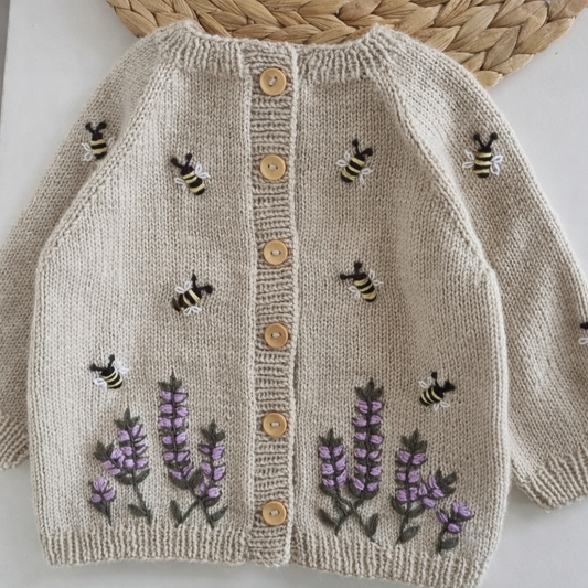 Hand Knitted and Embroidered Cardigan with Lavendar Garden and Bee