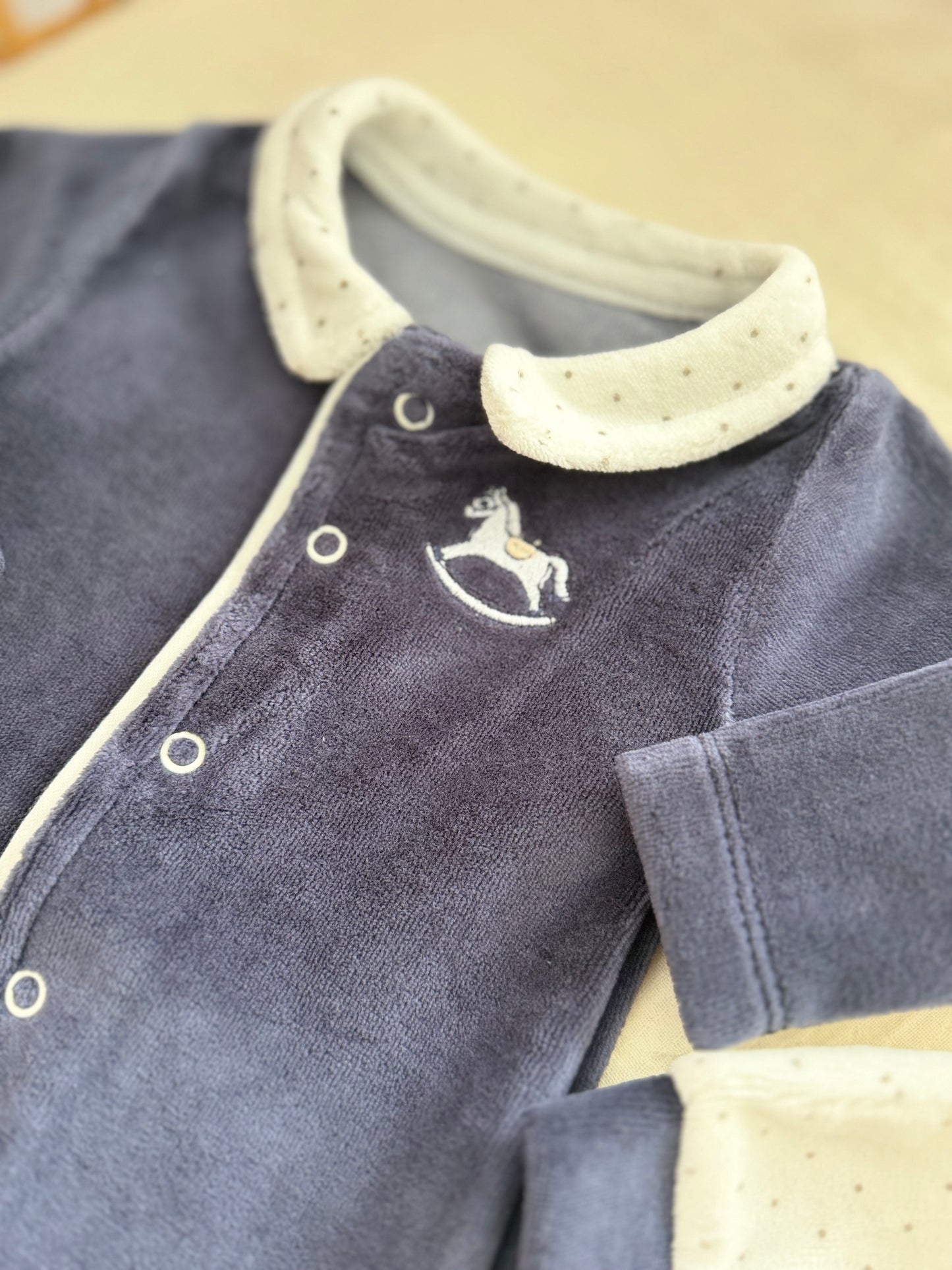 Navy Velour Baby Romper with Rocking Horse Embroidery