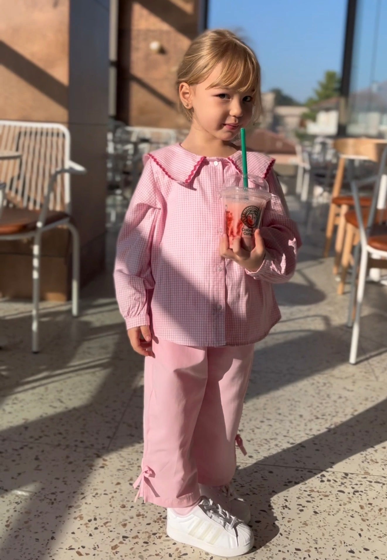 Pink Gingham Collar Top & Pants Set for Girls | Two Piece Classic Outfit