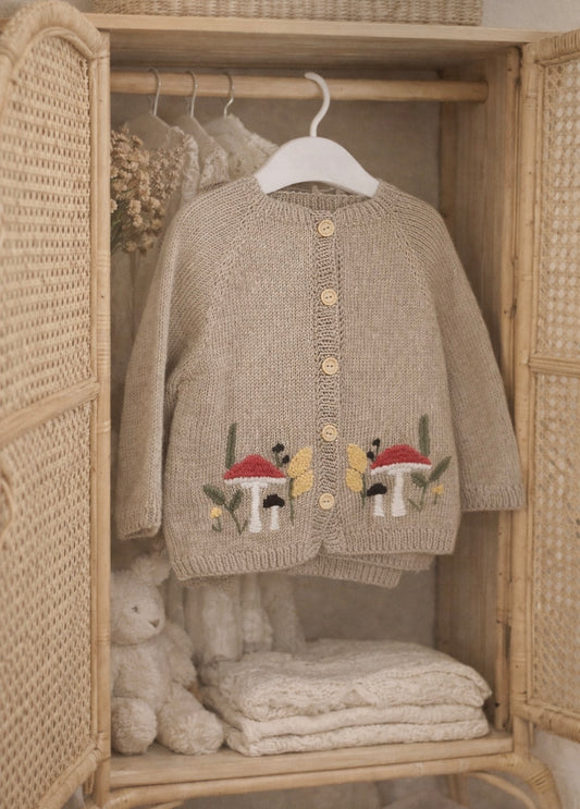 Hand Knitted and Embroidered Cardigan with Mushroom Garden