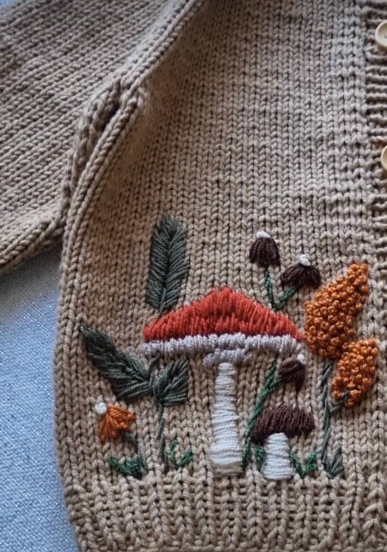 Hand Knitted and Embroidered Cardigan with Mushroom Garden