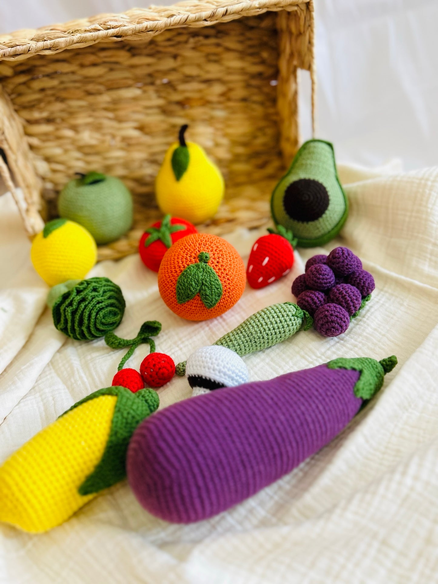 Crochet Pretend Foods, Crochet Fruits and Vegetables, 15 Pieced Handmade Food