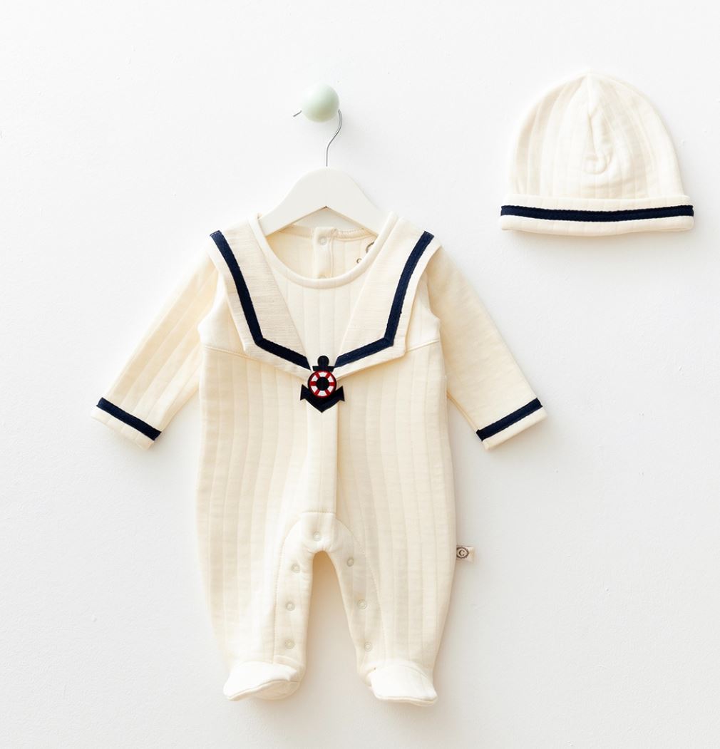 Baby Sailor Romper Set – Cream & Navy