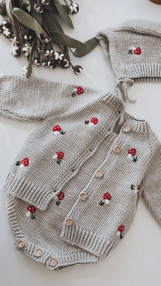 Handknit Mushroom Baby Romper, Mushroom Blanket