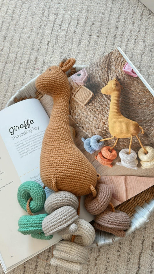 Giraffe Threading Toy – Handmade Crochet Montessori Baby Gift, Soft Crochet Lacing Toy for Babies