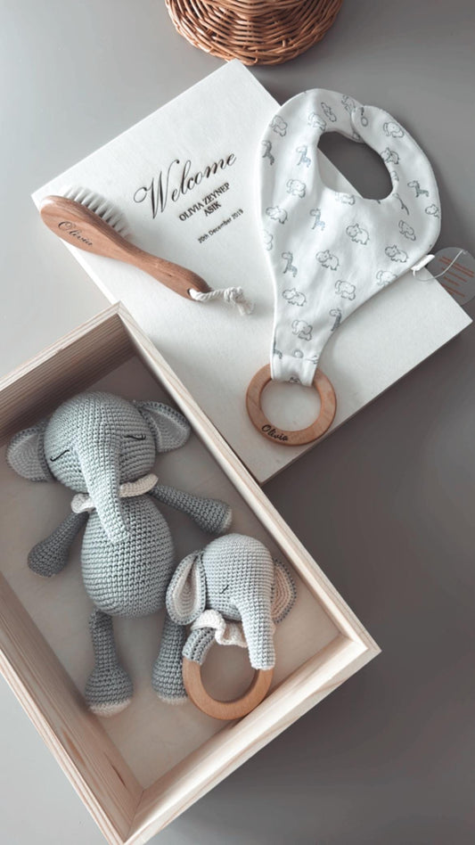 Personalized Baby Gift Box – Elephant Rattle, Amigurumi Elephant Toy, Bib & Baby Brush