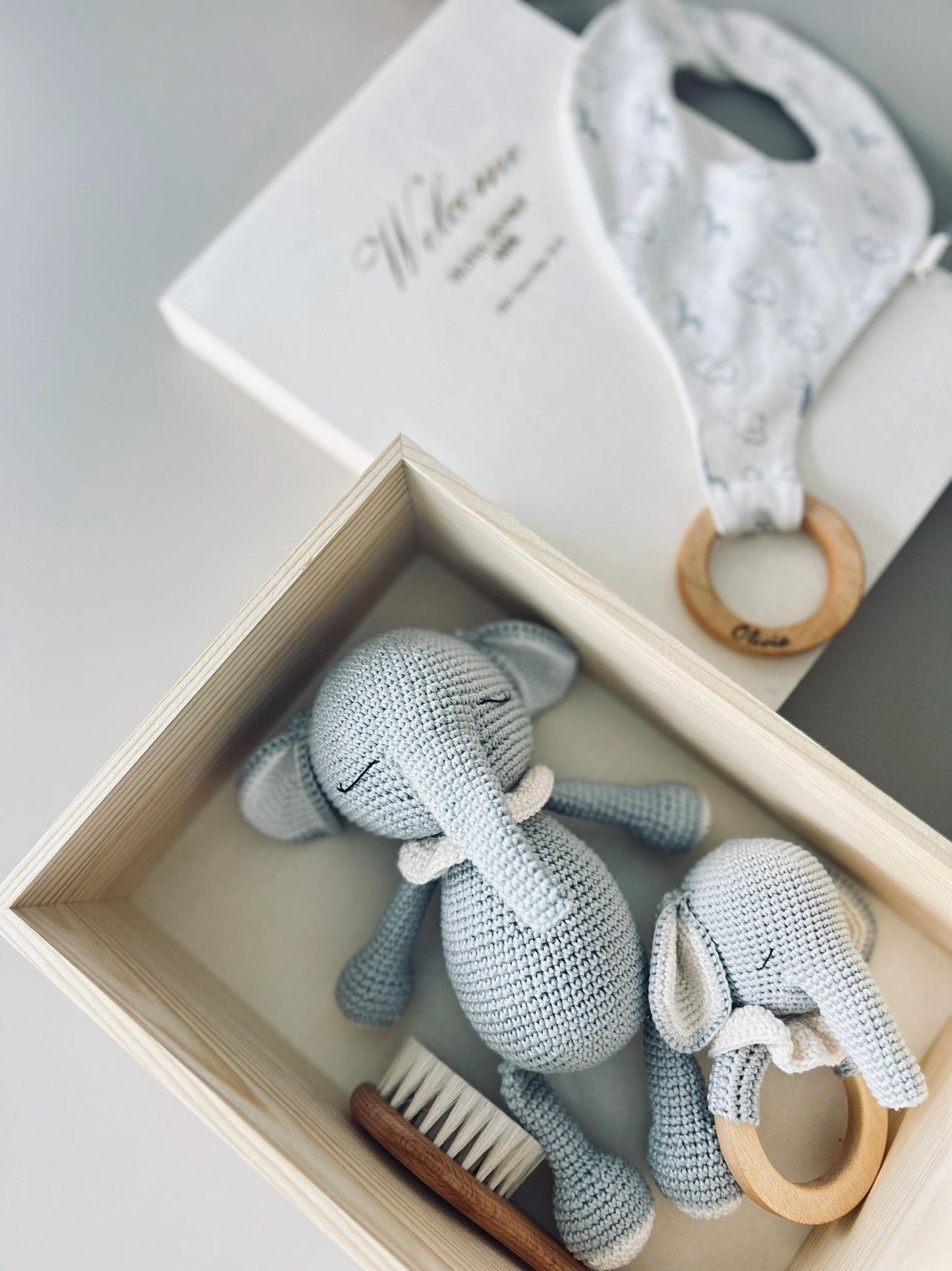 Personalized Baby Gift Box – Elephant Rattle, Amigurumi Elephant Toy, Bib & Baby Brush