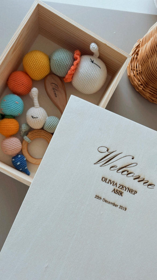 Personalized Baby Gift Box, Customized Baby Keepsake Box, Crochet Caterpillar Set