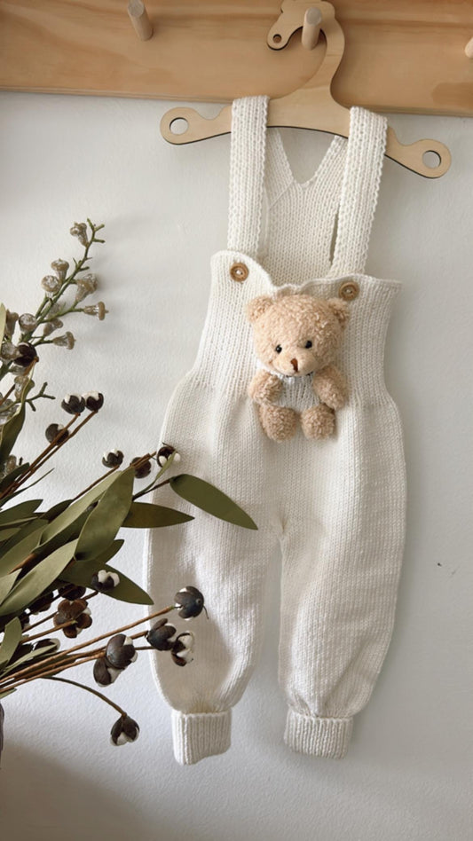Handmade Baby Romper – Organic Knit with Teddy Bear (9–18 Months)