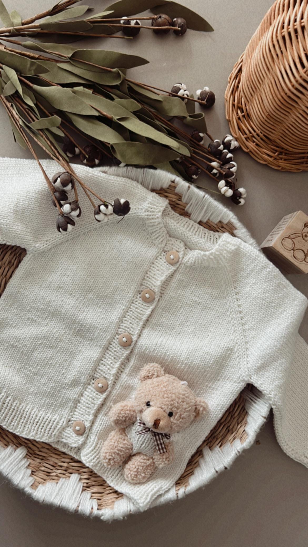 Handmade Organic Cotton Baby Cardigan – Bear Knit Sweater