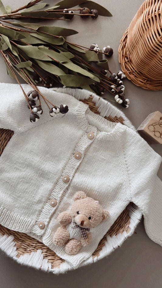 Organic Baby Cardigan – Handmade Bear Knit Sweater, Baby Shower Gift, Cotton Baby Outfit (9–18 Months)
